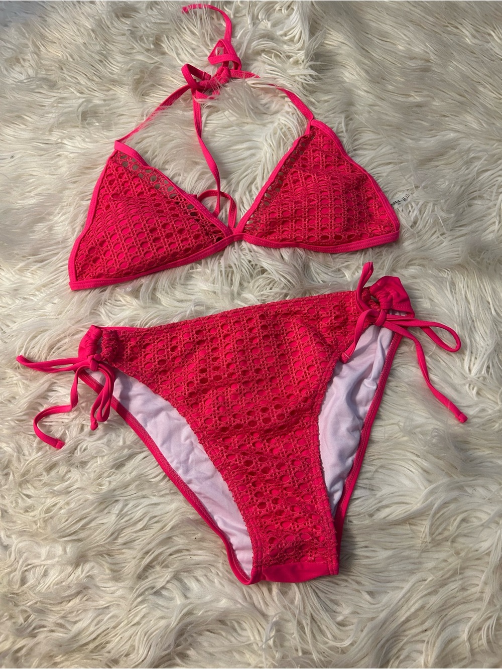 Hot Pink Crochet Triangle Bikini Set